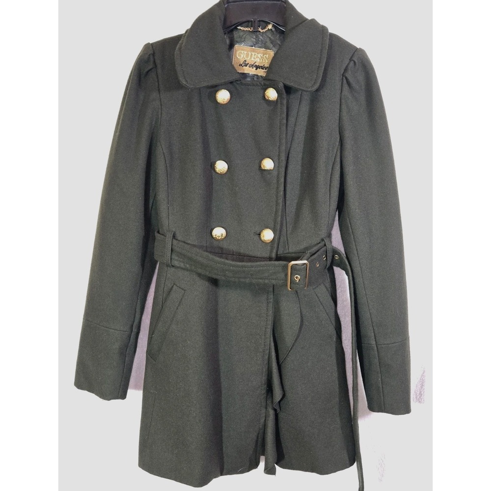 Guess Double Breasted Belt Wool Princess Pea Coat Sz Med Olive Green